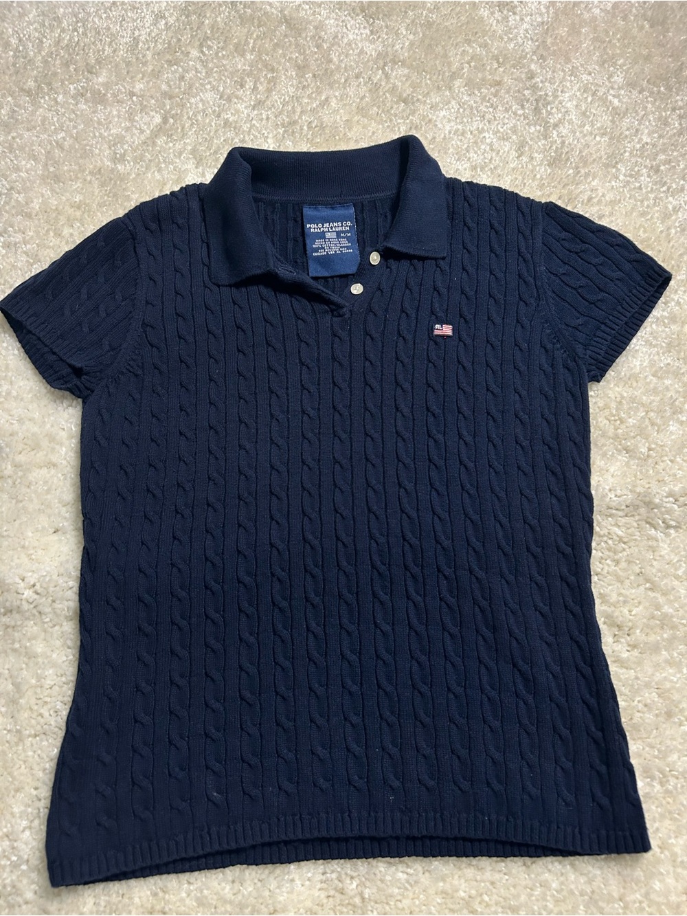 Polo Ralph Lauren Women's Navy Cable-Knit Polo Shirt Medium